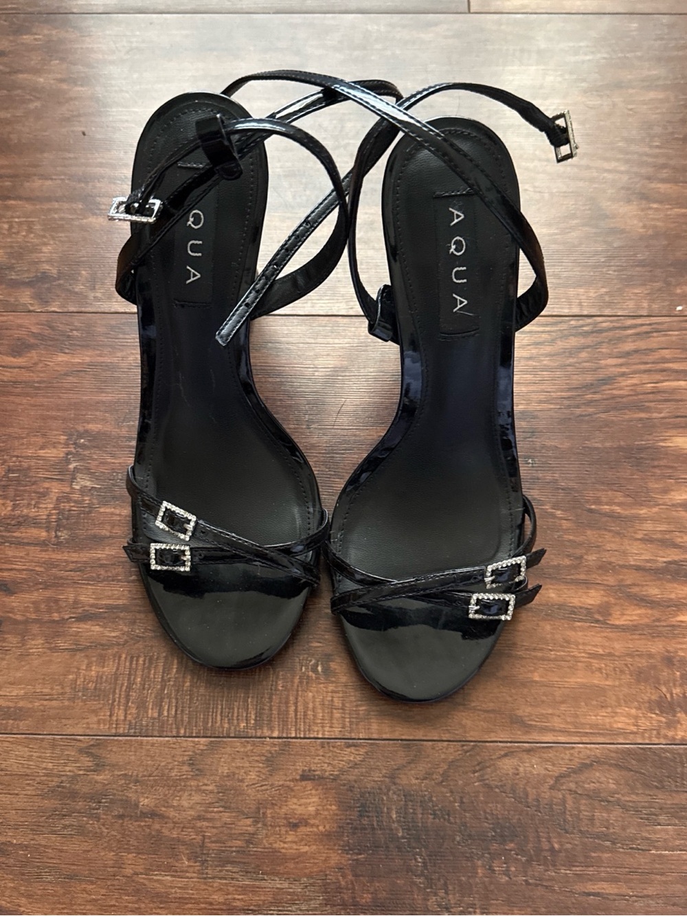 Aqua Black Patent Strappy Heeled Sandals with Rhinestone Buckles